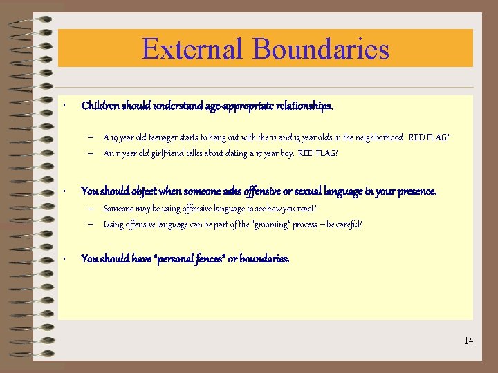 External Boundaries • Children should understand age-appropriate relationships. – A 19 year old teenager