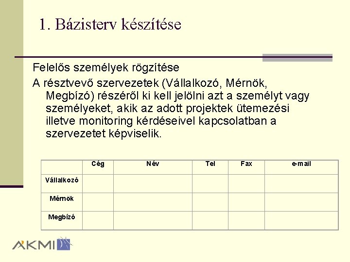 1. Bázisterv készítése Felelős személyek rögzítése A résztvevő szervezetek (Vállalkozó, Mérnök, Megbízó) részéről ki