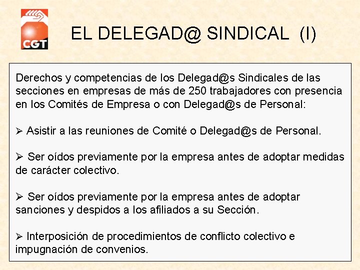 EL DELEGAD@ SINDICAL (I) Derechos y competencias de los Delegad@s Sindicales de las secciones