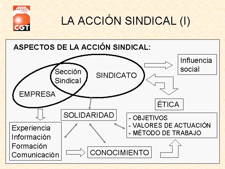 LA ACCIÓN SINDICAL (I) ASPECTOS DE LA ACCIÓN SINDICAL: Sección Sindical SINDICATO Influencia social