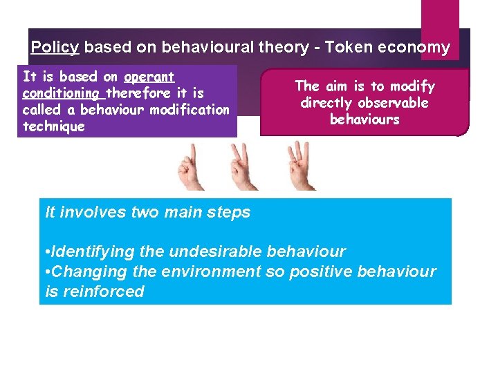 Policy based on behavioural theory - Token economy It is based on operant conditioning Policy based on behavioural theory - Token economy It is based on operant conditioning