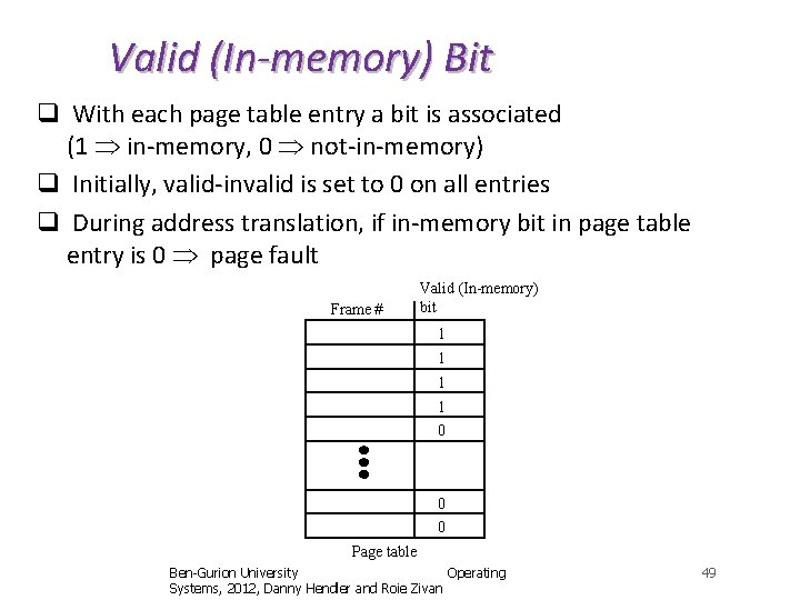 Valid (In-memory) Bit q With each page table entry a bit is associated (1