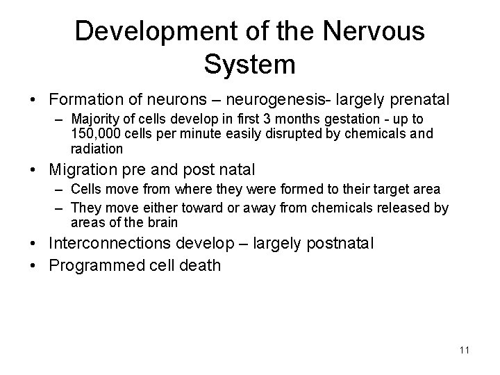 Development of the Nervous System • Formation of neurons – neurogenesis- largely prenatal –