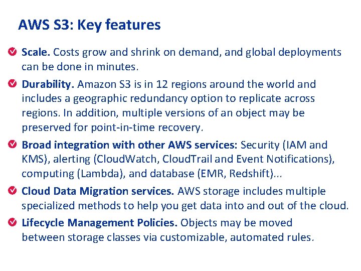 AWS S 3: Key features Nhi VO - vtynhi 2001@gmail. com Scale. Costs grow