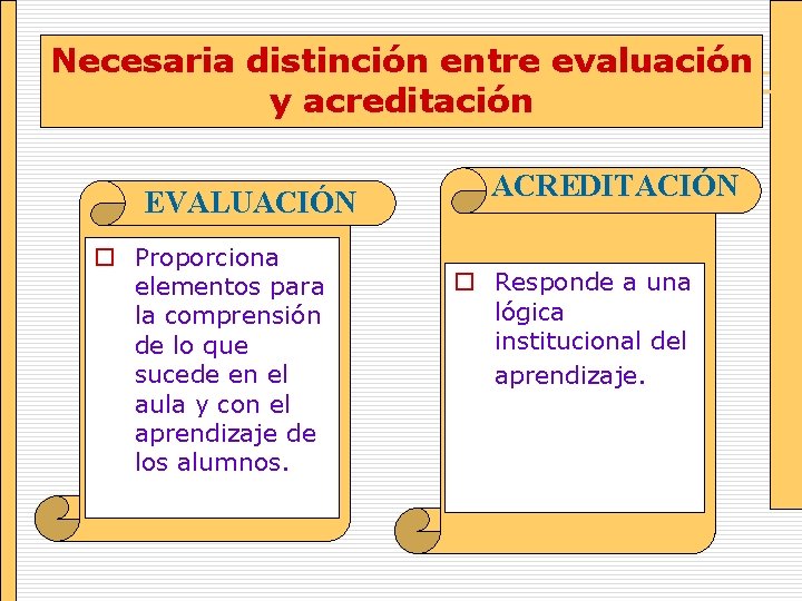 Necesaria distinción entre evaluación y acreditación EVALUACIÓN o Proporciona elementos para la comprensión de