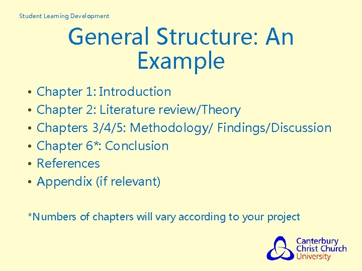 Student Learning Development General Structure: An Example • • • Chapter 1: Introduction Chapter