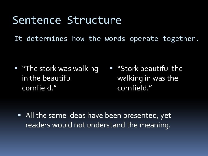 Sentence Structure It determines how the words operate together. “The stork was walking in
