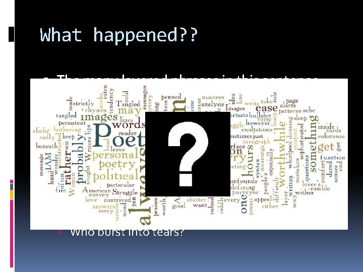 What happened? ? The many layered phrases in this sentence express the complicated emotions