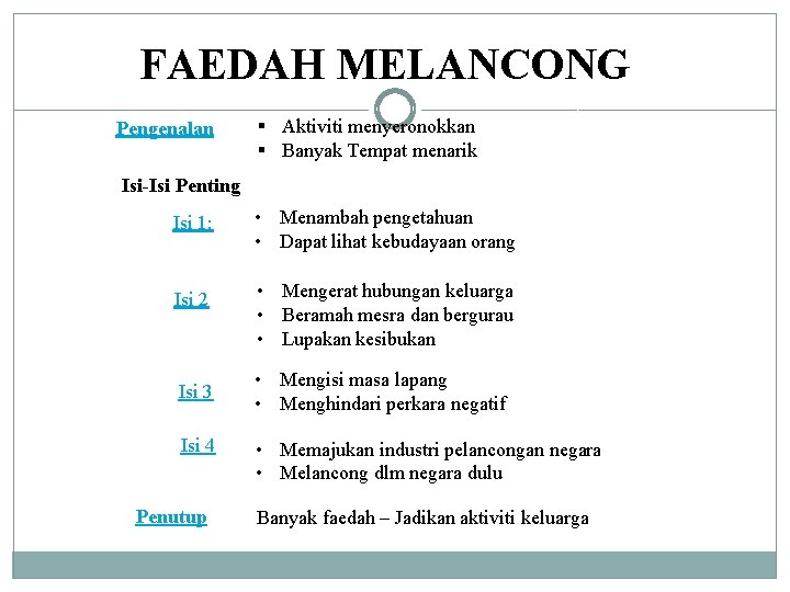 FAEDAH MELANCONG Pengenalan § Aktiviti menyeronokkan § Banyak Tempat menarik Isi-Isi Penting Isi 1: