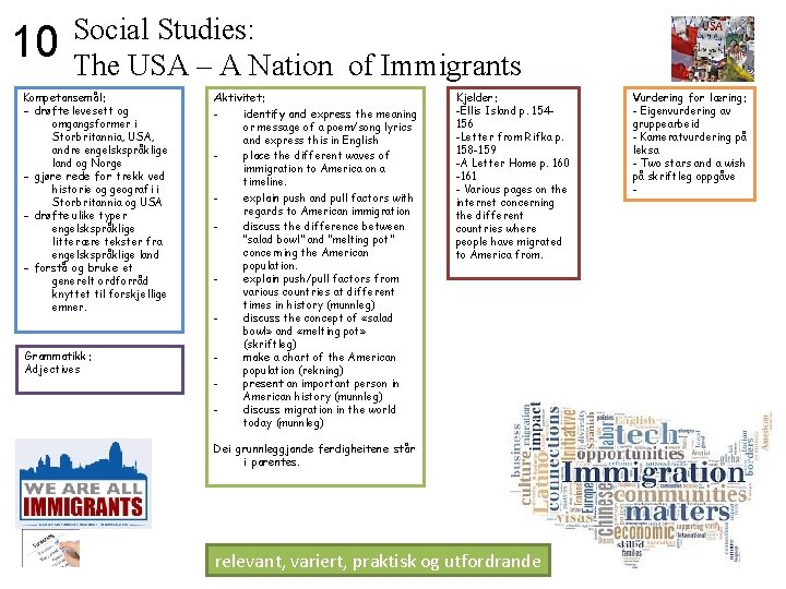 10 Social Studies: The USA – A Nation of Immigrants Kompetansemål: - drøfte levesett