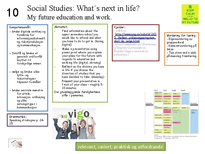 10 Social Studies: What´s next in life? My future education and work. Kompetansemål: -