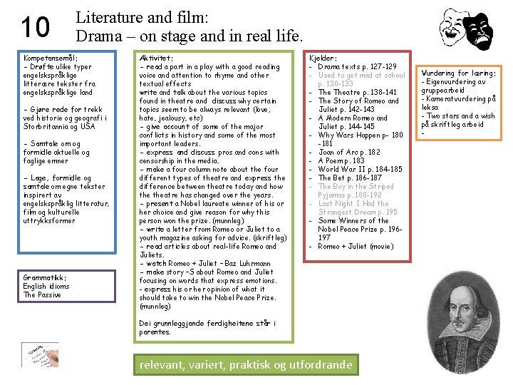 10 Literature and film: Drama – on stage and in real life. Kompetansemål: -