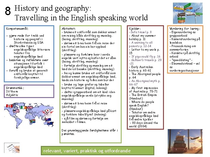 and geography: 8 History Travelling in the English speaking world Kompetansemål: - gjøre rede