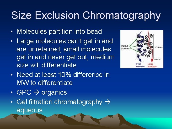 Size Exclusion Chromatography • Molecules partition into bead • Large molecules can’t get in