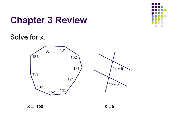 Chapter 3 Review Solve for x. X = 158 X=5 