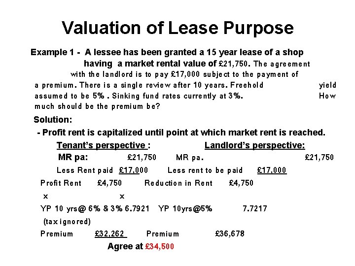 Valuation of Lease Purpose Example 1 - A lessee has been granted a 15