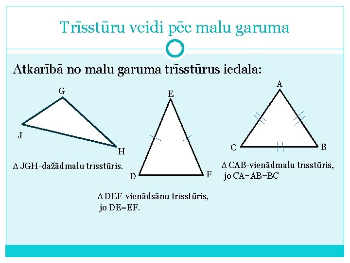 Trīsstūru veidi pēc malu garuma Atkarībā no malu garuma trīsstūrus iedala: G A E
