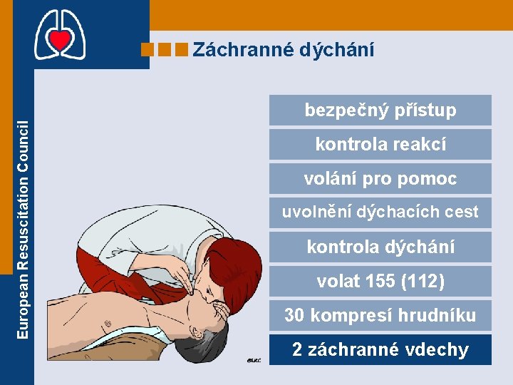 Záchranné dýchání European Resuscitation Council bezpečný přístup kontrola reakcí volání pro pomoc uvolnění dýchacích