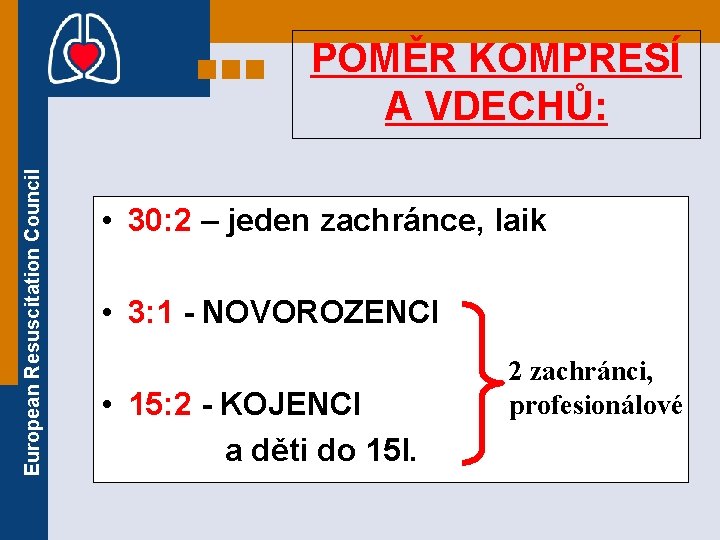 European Resuscitation Council POMĚR KOMPRESÍ A VDECHŮ: • 30: 2 – jeden zachránce, laik