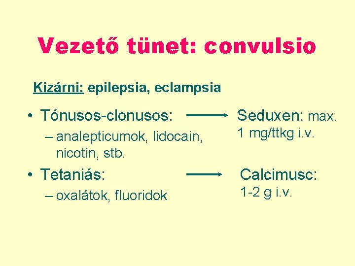 Vezető tünet: convulsio Kizárni: epilepsia, eclampsia • Tónusos-clonusos: – analepticumok, lidocain, nicotin, stb. • Vezető tünet: convulsio Kizárni: epilepsia, eclampsia • Tónusos-clonusos: – analepticumok, lidocain, nicotin, stb. •
