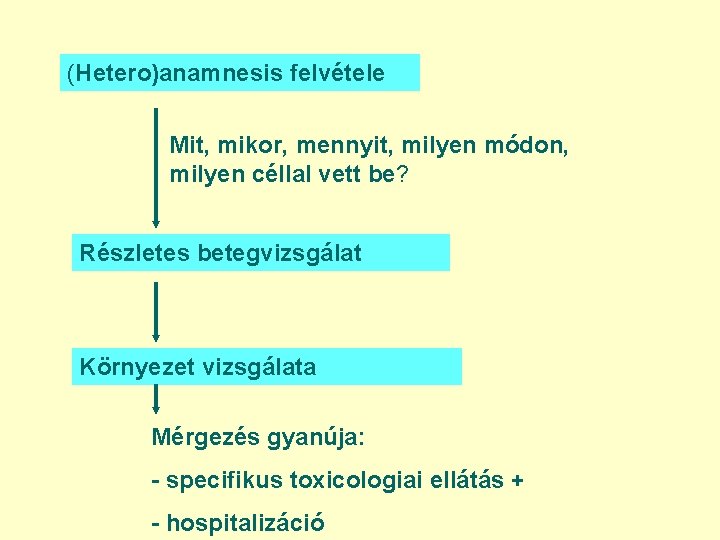 (Hetero)anamnesis felvétele Mit, mikor, mennyit, milyen módon, milyen céllal vett be? Részletes betegvizsgálat Környezet