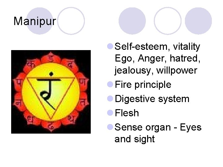 Manipur l Self-esteem, vitality Ego, Anger, hatred, jealousy, willpower l Fire principle l Digestive