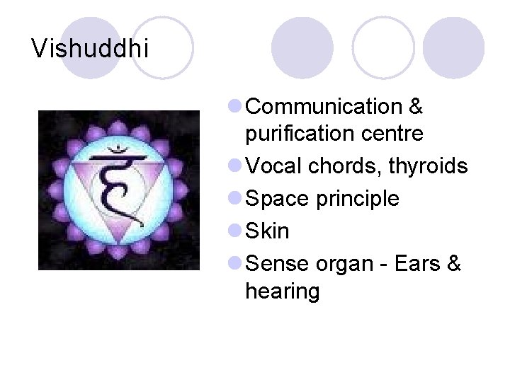 Vishuddhi l Communication & purification centre l Vocal chords, thyroids l Space principle l