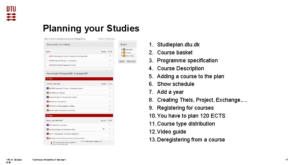 Planning your Studies 1. Studieplan. dtu. dk 2. Course basket 3. Programme specification 4.