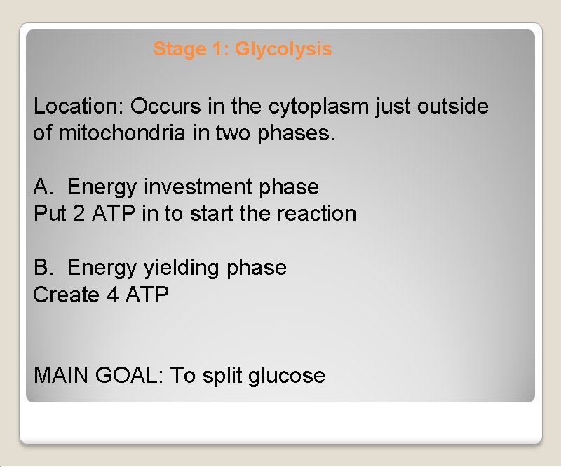 Stage 1: Glycolysis Location: Occurs in the cytoplasm just outside of mitochondria in two