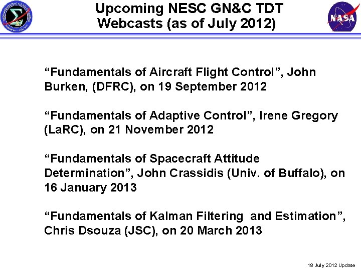 Upcoming NESC GN&C TDT Webcasts (as of July 2012) “Fundamentals of Aircraft Flight Control”,