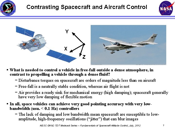 Contrasting Spacecraft and Aircraft Control Y X Z § What is needed to control