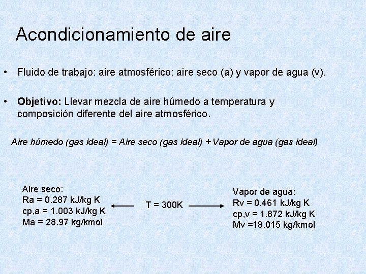 Acondicionamiento de aire • Fluido de trabajo: aire atmosférico: aire seco (a) y vapor