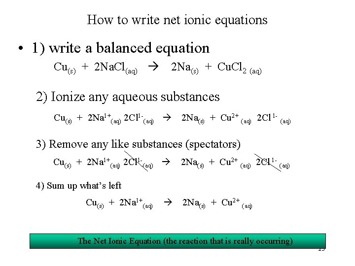 How to write net ionic equations • 1) write a balanced equation Cu(s) +