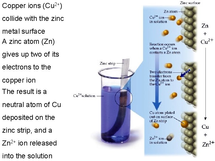 Copper ions (Cu 2+) collide with the zinc metal surface A zinc atom (Zn)