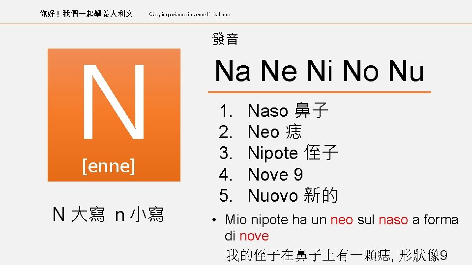 你好 ! 我們一起學義大利文 Ciao, impariamo insieme l’italiano N [enne] N 大寫 n 小寫 發音