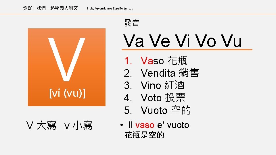 你好 ! 我們一起學義大利文 Hola, Aprendamos Español juntos V [vi (vu)] V 大寫 v 小寫