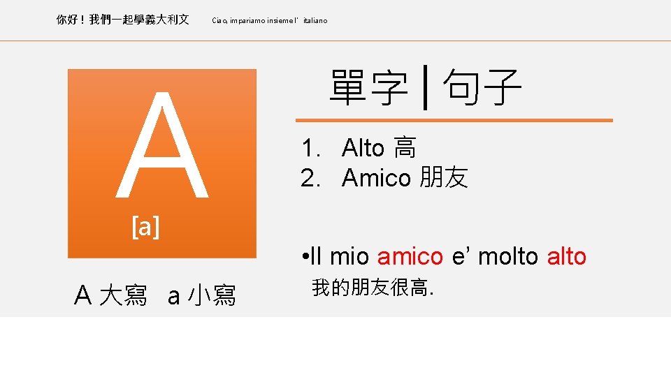 你好 ! 我們一起學義大利文 Ciao, impariamo insieme l’italiano A 單字│句子 1. Alto 高 2. Amico