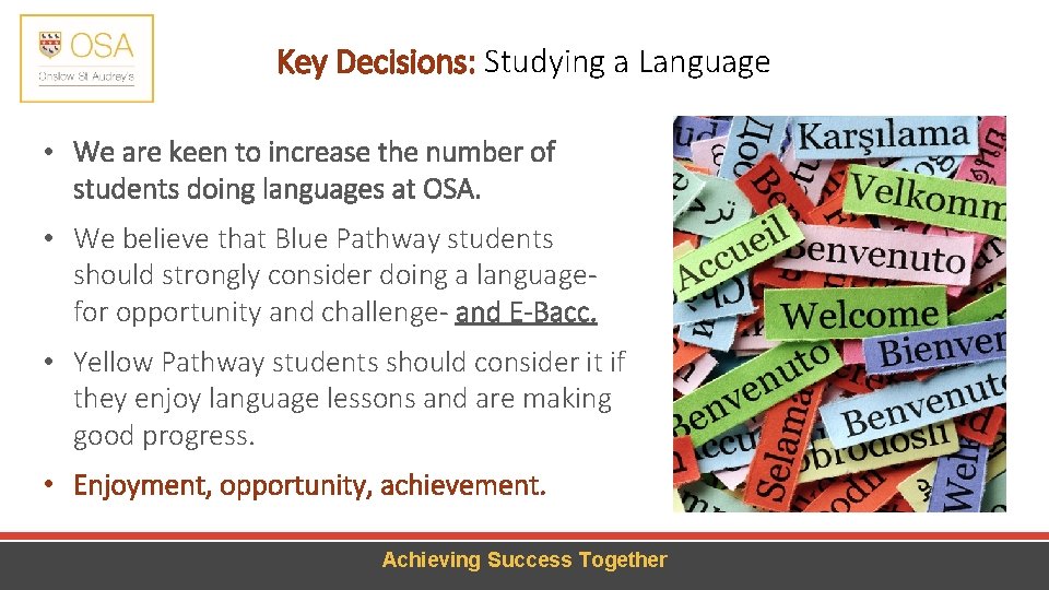 Key Decisions: Studying a Language • We are keen to increase the number of