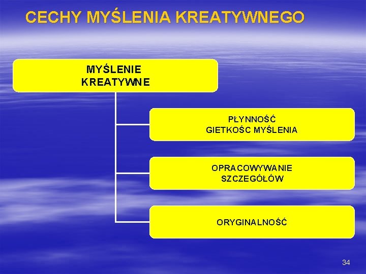 CECHY MYŚLENIA KREATYWNEGO MYŚLENIE KREATYWNE PŁYNNOŚĆ GIETKOŚC MYŚLENIA OPRACOWYWANIE SZCZEGÓŁÓW ORYGINALNOŚĆ 34 CECHY MYŚLENIA KREATYWNEGO MYŚLENIE KREATYWNE PŁYNNOŚĆ GIETKOŚC MYŚLENIA OPRACOWYWANIE SZCZEGÓŁÓW ORYGINALNOŚĆ 34
