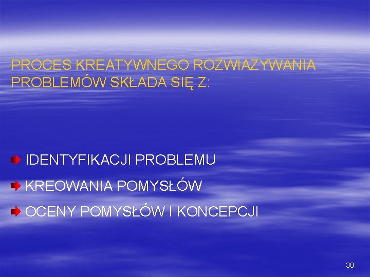 PROCES KREATYWNEGO ROZWIAZYWANIA PROBLEMÓW SKŁADA SIĘ Z: IDENTYFIKACJI PROBLEMU KREOWANIA POMYSŁÓW OCENY POMYSŁÓW I