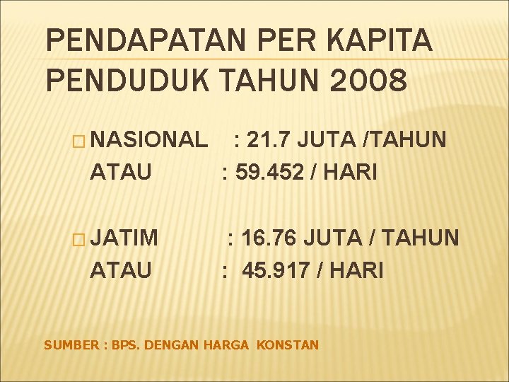 PENDAPATAN PER KAPITA PENDUDUK TAHUN 2008 � NASIONAL ATAU � JATIM ATAU : 21.