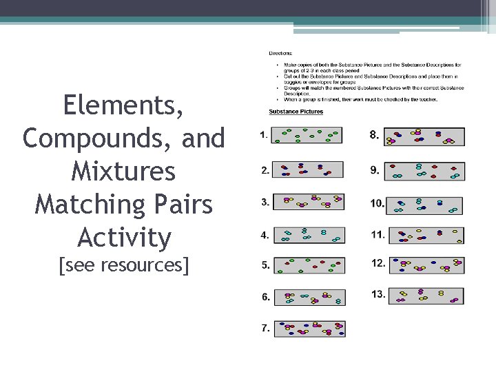 Elements, Compounds, and Mixtures Matching Pairs Activity [see resources] 