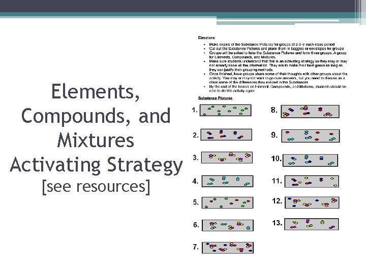 Elements, Compounds, and Mixtures Activating Strategy [see resources] 