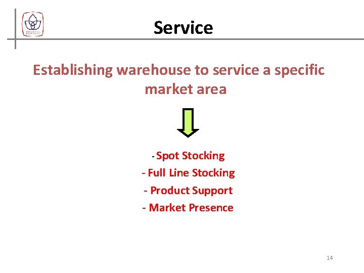 Service Establishing warehouse to service a specific market area - Spot Stocking - Full