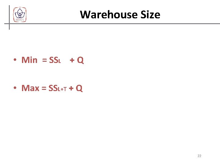 Warehouse Size • Min = SSL + Q • Max = SSL+T + Q