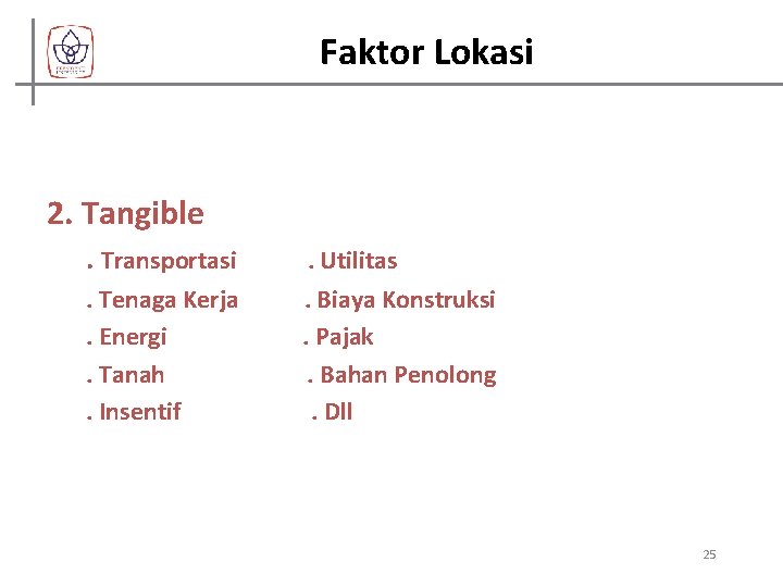 Faktor Lokasi 2. Tangible. Transportasi. Tenaga Kerja. Energi. Tanah. Insentif . Utilitas. Biaya Konstruksi.