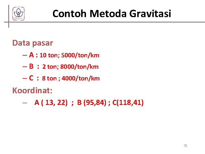Contoh Metoda Gravitasi Data pasar – A : 10 ton; 5000/ton/km – B :