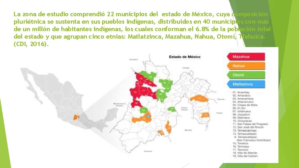 La zona de estudio comprendió 22 municipios del estado de México, cuya composición pluriétnica