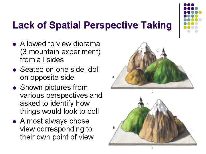 Lack of Spatial Perspective Taking l l Allowed to view diorama (3 mountain experiment)