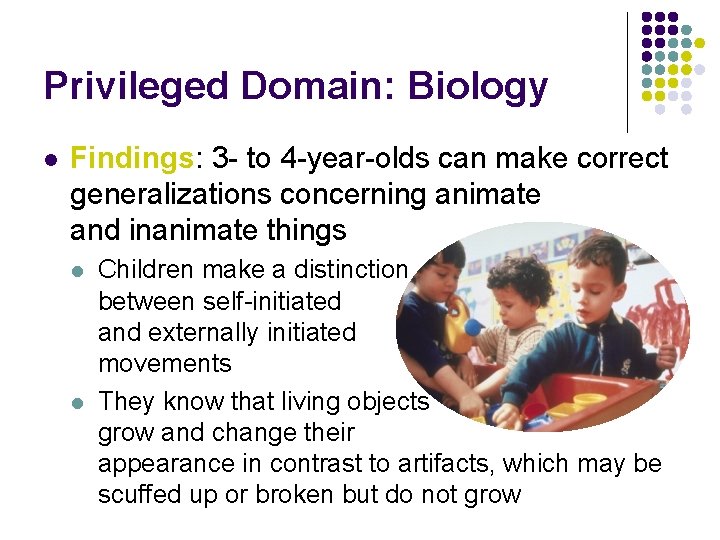 Privileged Domain: Biology l Findings: 3 - to 4 -year-olds can make correct generalizations